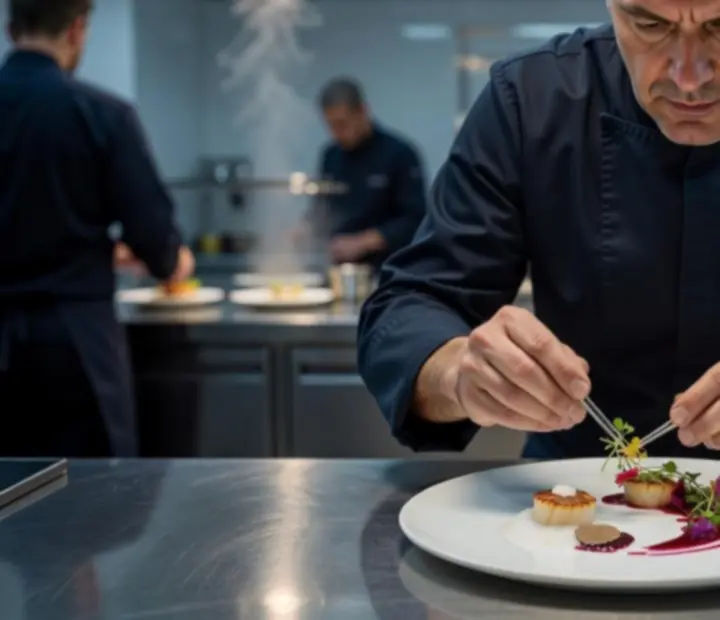 Séfünk precízen tálal egy fine dining fogást egy elegáns konyhában.