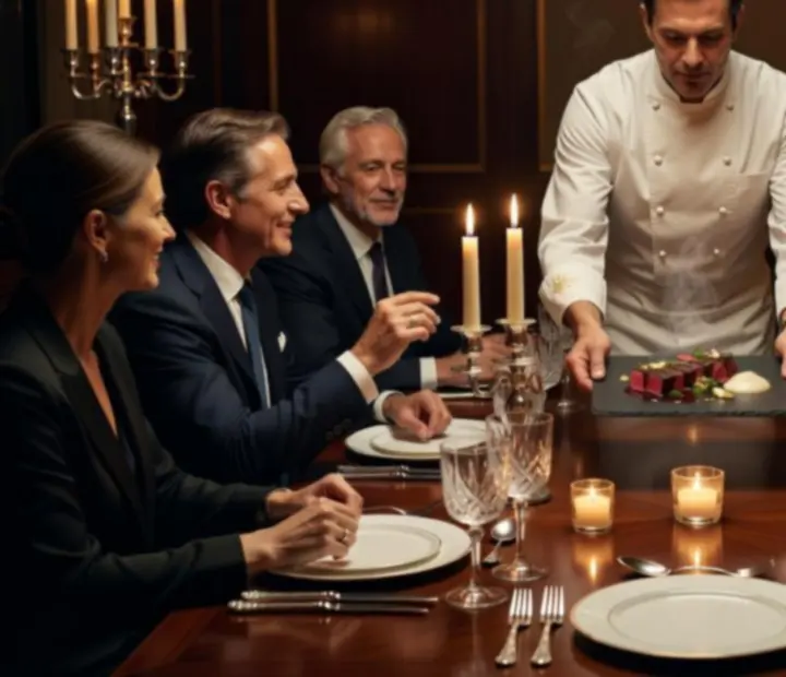 Privát séfasztal, elegáns terítékkel és gyertyafényes fine dining hangulattal.