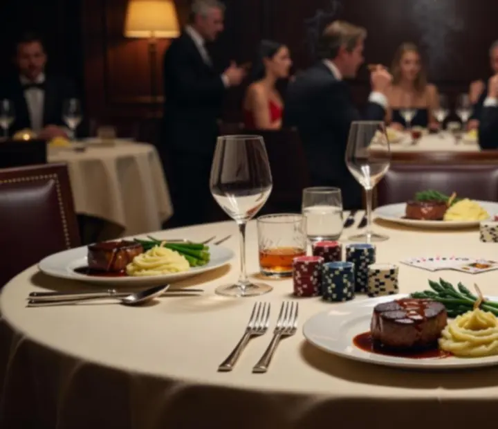 Gourmet fogások és borospoharak pókerasztal mellett, elegáns tálalásban.