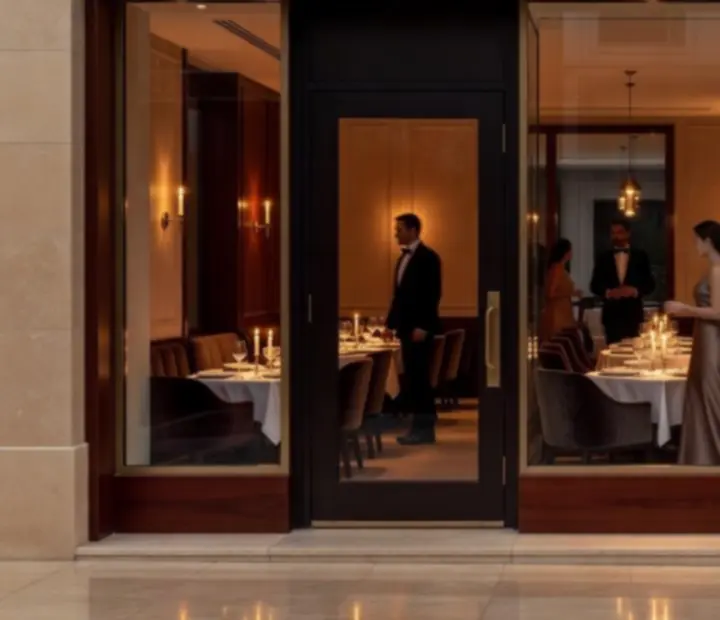 Cinematic fine dining enteriőr elegáns pókerasztallal és gyertyafényes terítéssel