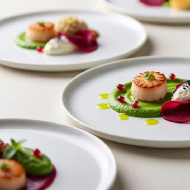 Művészien tálalt fine dining fogások válogatása egy cinematic fotógalériában.