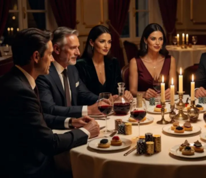 Elegáns társasági póker est gyertyafényes, luxus enteriőrben.