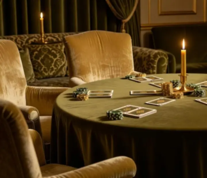 Champagne arany és olívazöld akcentusokkal díszített privát pókerasztal elegáns székekkel.