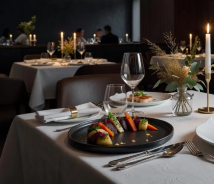 Elegáns, gyertyafényes asztal szezonális fine dining tálalással a Varos Pont360 étteremben.