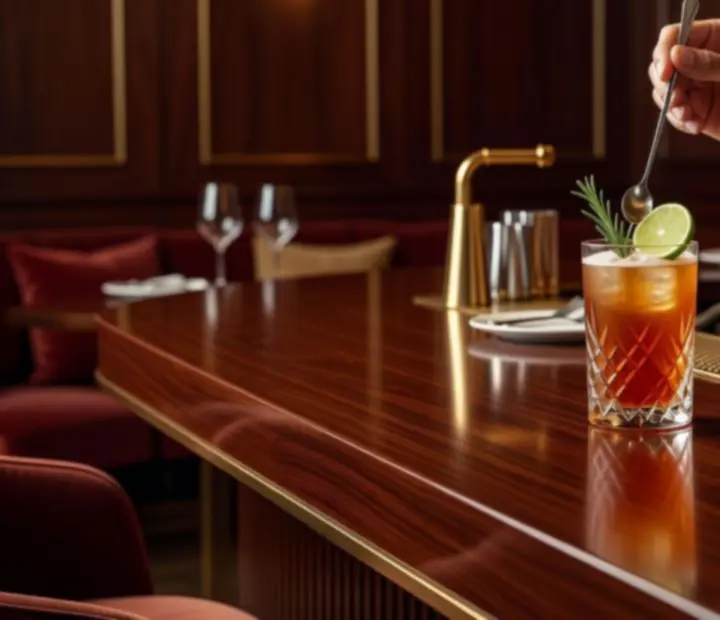 Bartender signature koktélt készít egy elegáns bárpultnál