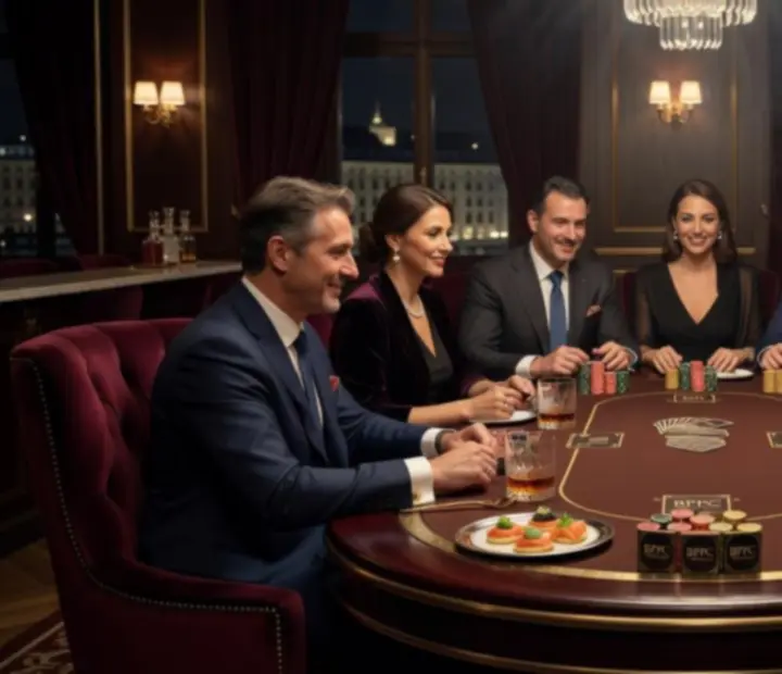 Stílusos VIP póker lounge gourmet falatokkal és italokkal terített asztal mellett.