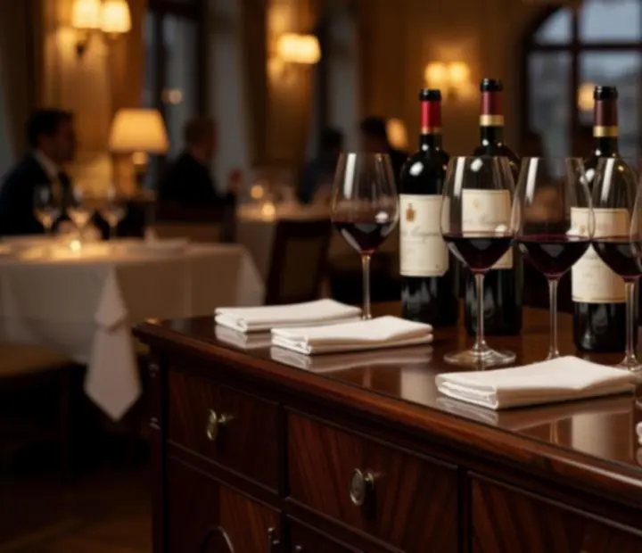 Borospoharak és palackok prémium fine dining környezetben, hangulatos fényekkel.